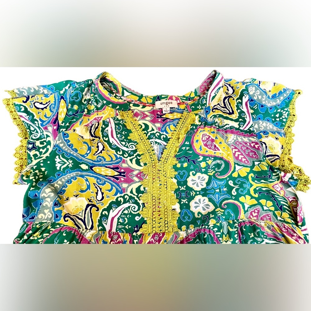 Umgee Vibrant Paisley Dress w/ Pockets & Embroidered Lace Sleeves & V-Neckline L - Picture 11 of 14